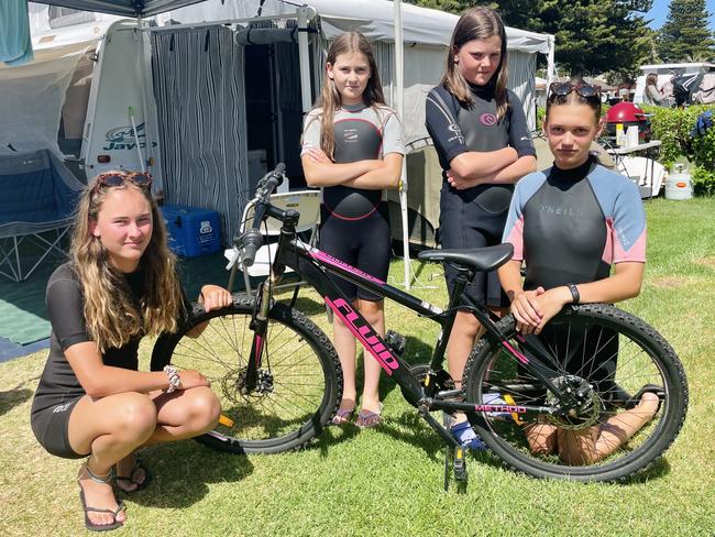 Young teens holidaying at Surfside Holiday Park Molly, Amity, Ruby and Milla were glad their bikes were safe but are not happy with the thieves. Picture: Jack Colantuono