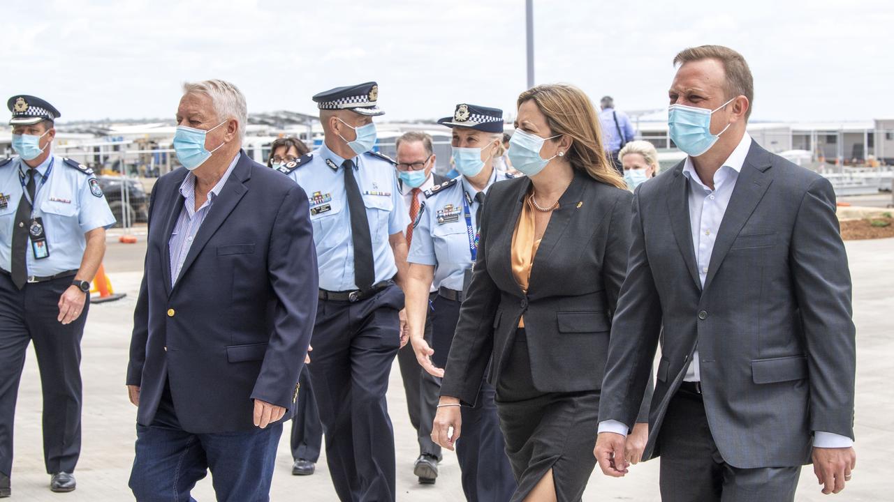 John Wagner with Annastacia Palaszczuk and Steven Miles at the Wellcamp quarantine hub in February, 2022. Picture: Nev Madsen.