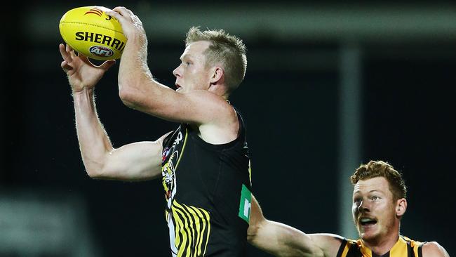 Jack Riewoldt only had one disposal in the first half but fired after the main break and finished with three goals. Pic: Getty Images