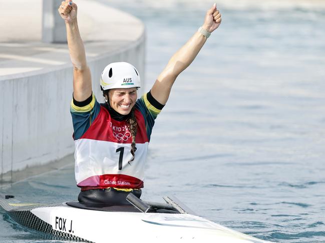 Jessica Fox celebrates winning her first Olympic gold medal. Picture: Alex Coppel.