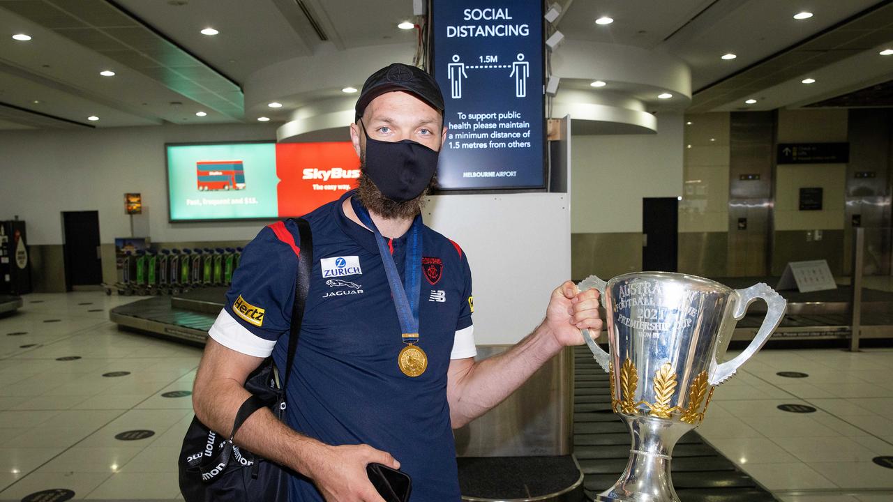 MELBOURNE, SEPTEMBER 30, 2021: AFL Premiership captain Max Gawn of the Melbourne Demons arrives home at Tullamarine Airport. Picture: Mark Stewart