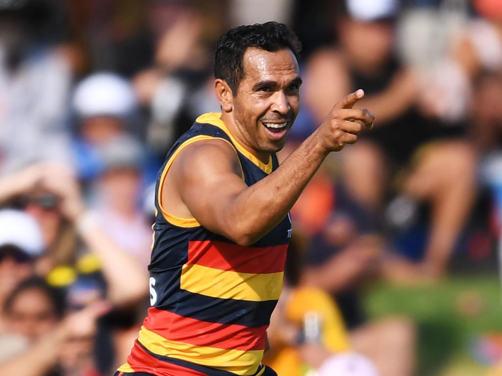 Eddie Betts of the Adelaide Crows celebrates a goal during the match between Adelaide and Port Adelaide at Memorial Oval in Port Pirie. Picture: Mark Brake/Getty Images