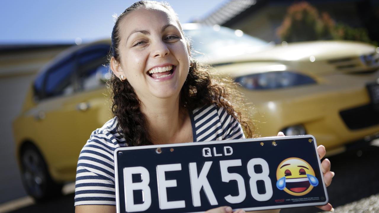 Bek Rose having some fun with the Face with Tears of Joy on her personalised car registration plate. Picture: AAP