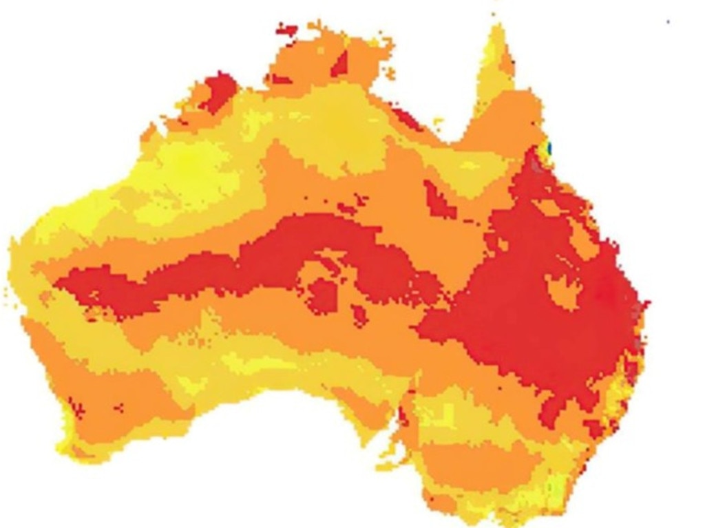 Map showing climate suitability modelling for fire ant infestation. Picture: Supplied/Invasive Species Council