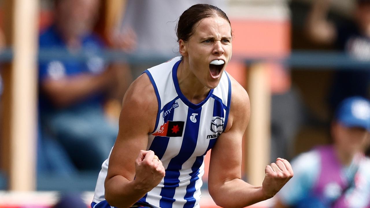 Jasmine Garner of the Kangaroos celebrates a goal during the 2023 AFLW Second Preliminary Final match between The North Melbourne Tasmanian Kangaroos and The Adelaide Crows at IKON Park on November 26, 2023 in Melbourne, Australia. (Photo by Michael Willson/AFL Photos via Getty Images)