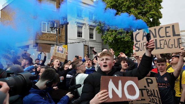 Football supporters demonstrate against the proposed European Super League outside of Stamford Bridge in London. Picture: AFP