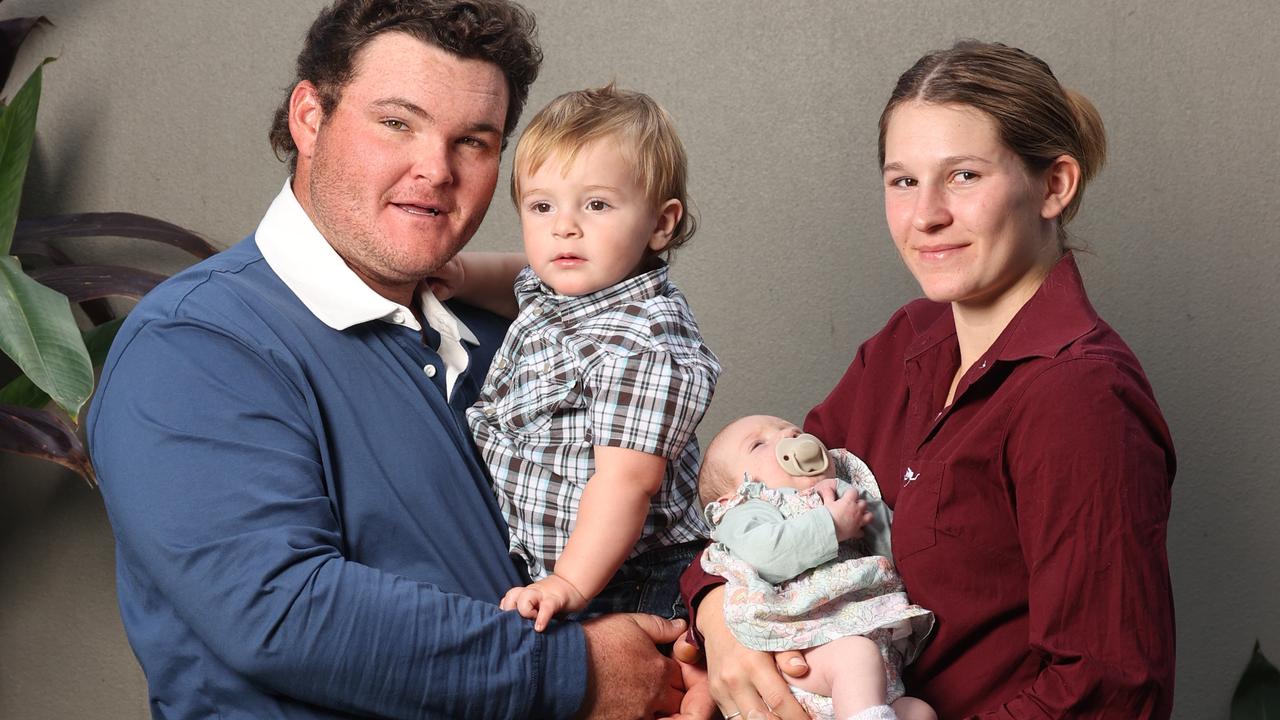 Bradshaw family from Chinchilla, Keonie, 19, &amp; Kody, 21, kids Phillip, 1, and Charliegh-May, 2 month-old, together at Hummingbird House, Chermside. Picture: Liam Kidston