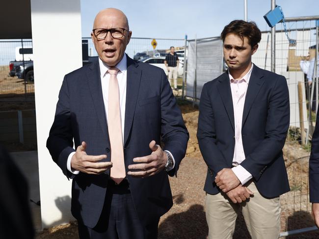 NCA 2025 FEDERAL ELECTION LIBERAL BUS. 15/04/2025Pictured at Maddingly in the Hawke Electorate of Melbourne in Victoria is Opposition Leader Peter Dutton  and his son Harry Dutton as they arrive for a visit to a new homes construction site.Picture: Richard Dobson / Newswire
