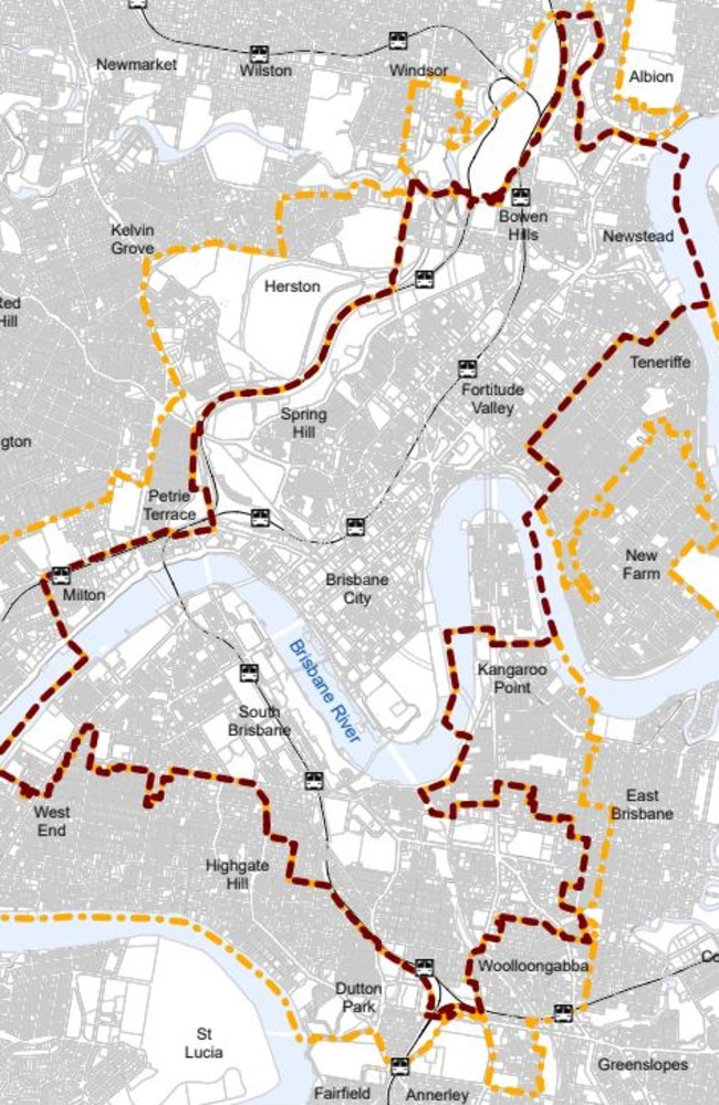 What the new boundaries for new parking rules in core (red) and frame (yellow) areas would be.