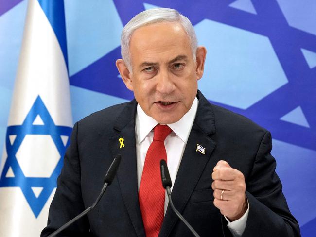 Israeli Prime Minister Benjamin Netanyahu speaks during a press conference in Jerusalem on December 9, 2024. Netanyahu said on December 9 that the occupied Golan Heights would remain Israeli "for eternity", days after he ordered troops into an adjacent UN buffer zone in Syria following the fall of Bashar al-Assad. (Photo by Maya Alleruzzo / POOL / AFP)