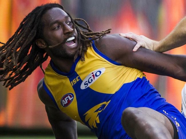 Nic Naitanui of the Eagles reacts during the Round 7 AFL match between the West Coast Eagles and the Port Adelaide Power at Optus Stadium in Perth, Saturday, May 5, 2018. (AAP Image/Tony McDonough) NO ARCHIVING, EDITORIAL USE ONLY