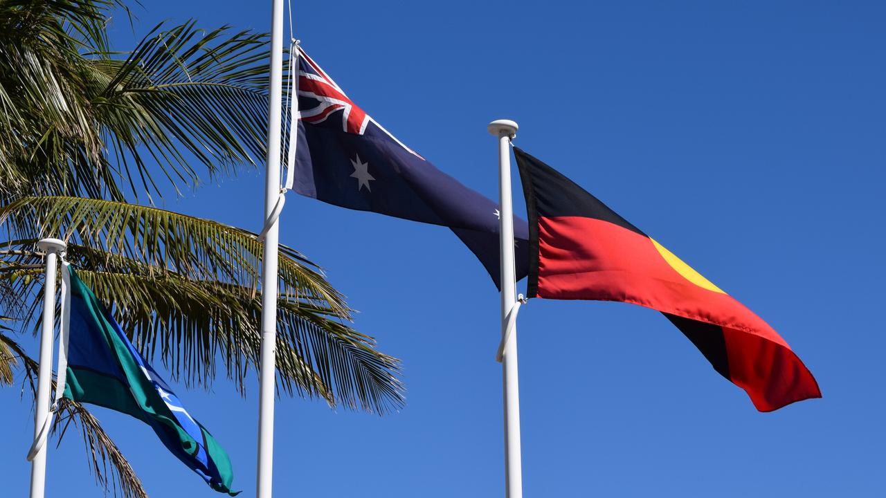 Torres Strait Island, Australian and Australian Indigenous flags fly over Yeppoon. Picture: Christine McKee