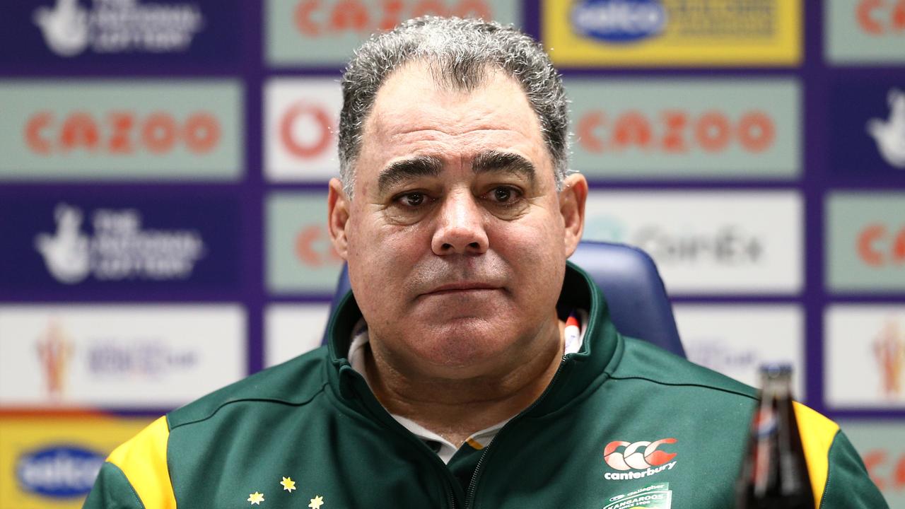 LEEDS, ENGLAND - NOVEMBER 11: Mal Meninga, Head Coach of Australia is interviewed following the Rugby League World Cup Semi-Final match between Australia and New Zealand at Elland Road on November 11, 2022 in Leeds, England. (Photo by Jan Kruger/Getty Images for RLWC)