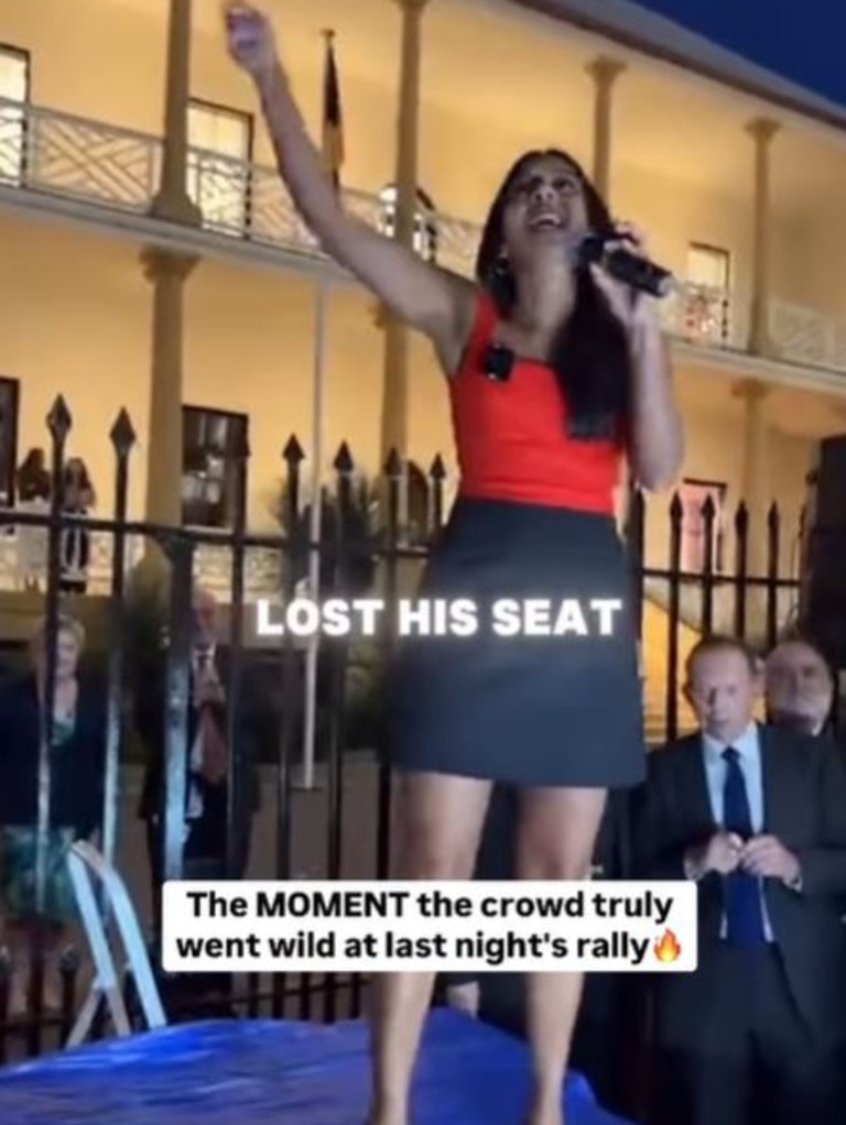 Joanna Howe at rally with Mr Abbott in background Picture: Instagram