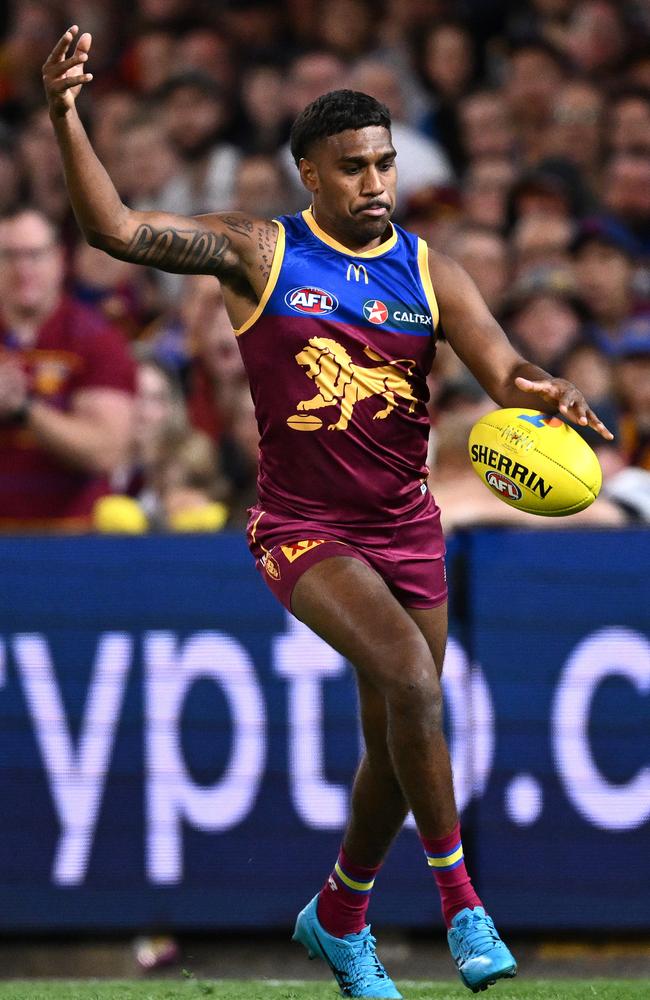 Keidean Coleman of the Lions kicks during the preliminary final against the Carlton Blues. Picture: Quinn Rooney/Getty Images.