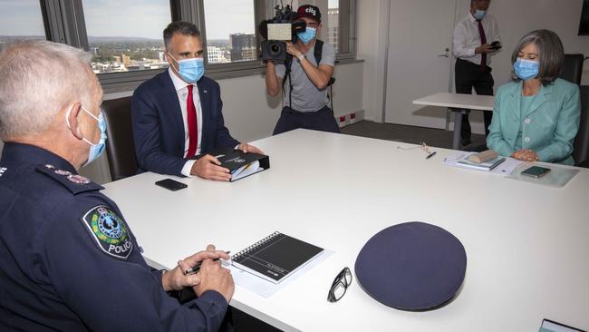 Police Commissioner Grant Stevens meet with new SA Premier Peter Malinauskas chief public health officer Professor Nicola Spurrier. Picture Emma Brasier.