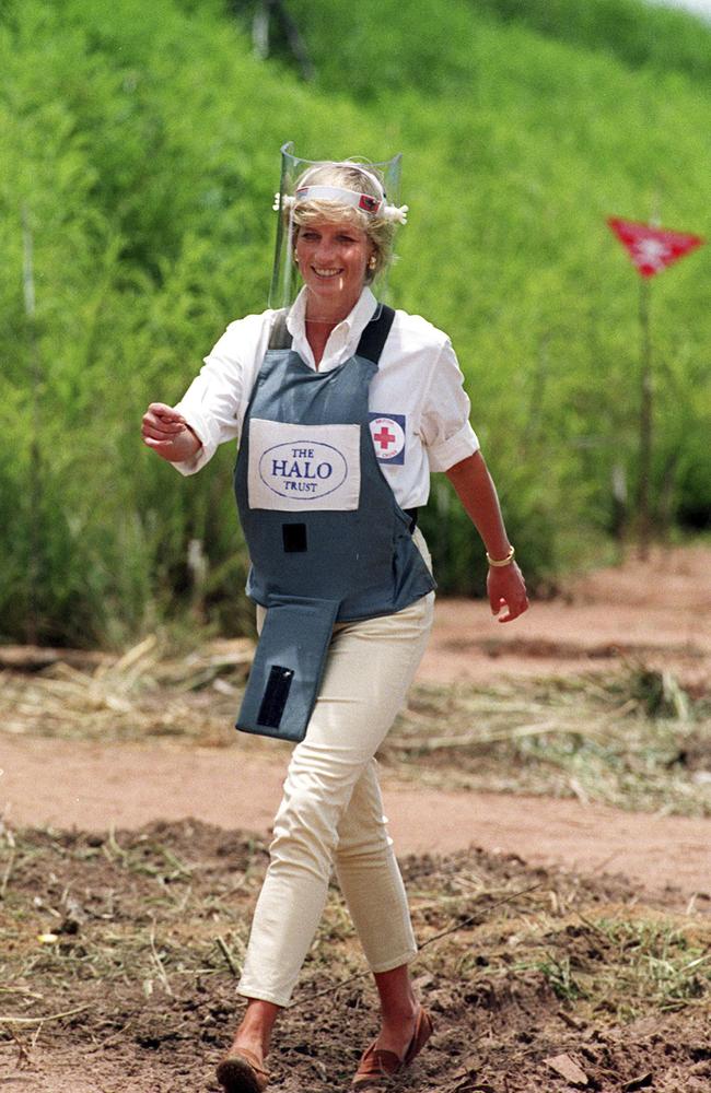 His mother, the late Princess Diana, pictured on January 15, 1997, at a minefield in Huambo, in Angola. Princess Diana’s walk through an active mine field helped to lead to a global ban on the deadly weapons. Picture: John Stillwell/PA via AP