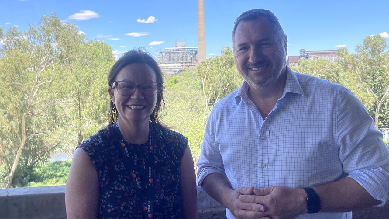 Mount Isa Mayor Peta MacRae and Minister for Tourism Andrew Powell in Mount Isa speaking about the $2m in funding being given to help save the Mount Isa Rodeo.