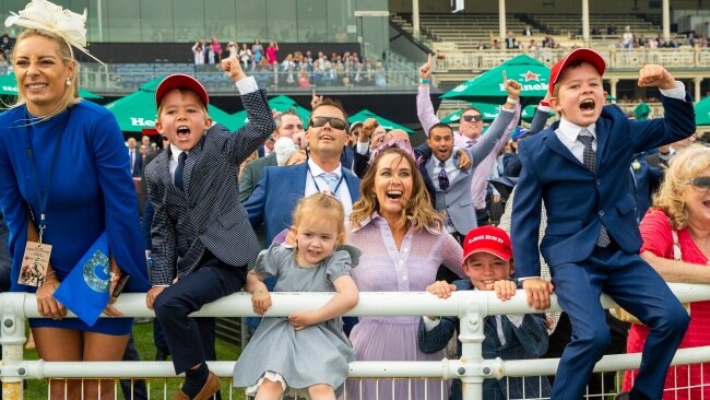 Cathy McEvoy, wife of the winning jockey, and her children cheer on Kerrin McEvoy during The Everest at Royal Randwick Racecourse on October 17, 2020. Picture: Getty Images