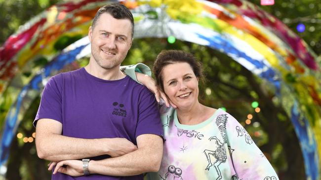 Comedian Lloyd Langford, pictured with wife Anne Edmonds, created a Twitter storm last season with a gag about Princess Beatrice’s eyes. Picture: Naomi Jellicoe