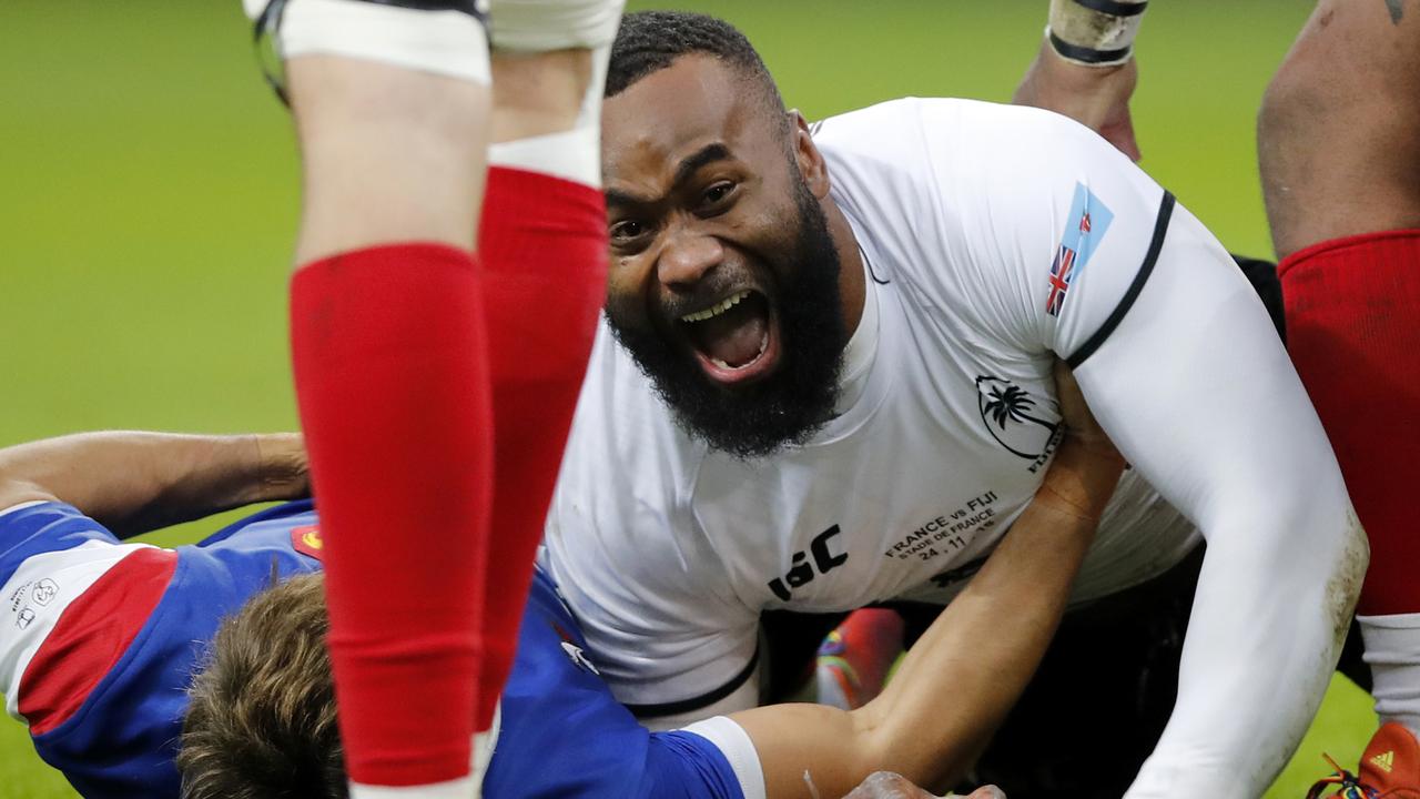 Fiji’s Semi Radradra celebrates after scoring a try against France.