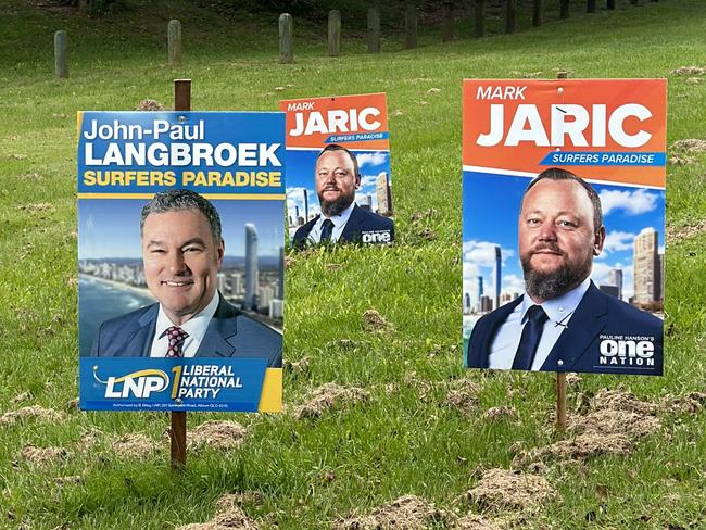 Election signage in the electorate of Surfers Paradise. It includes Surfers Paradise itself as well as Main Beach, Broadbeach, Broadbeach Waters, Clear Island Waters and parts of Bundall, Benowa and Carrara. Picture: Ashleigh Jansen