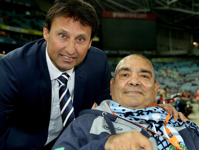 Coach Laurie Daley with Ray Blacklock before the start of Game 1 of the 2015 State of Origin series between the NSW Blues and the Queensland Maroons at ANZ Stadium,Homebush .Picture Gregg Porteous