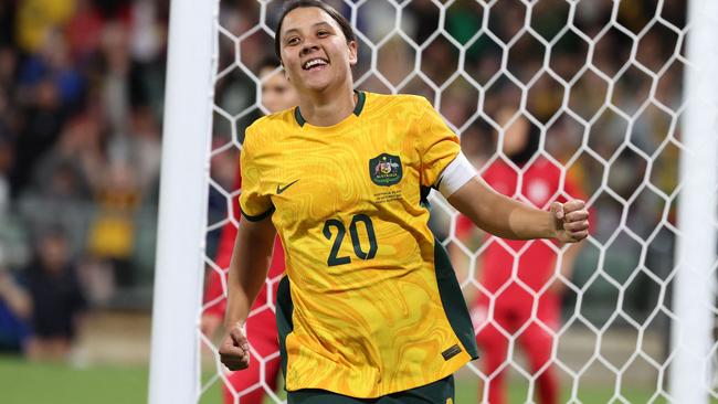 Australia's Sam Kerr celebrates her goal during the Asian qualifying round women's football match between Australia and Iran for the Paris 2024 Olympic Games, at the Perth Rectangular  Stadium in Perth on October 26, 2023. (Photo by COLIN MURTY / AFP) / -- IMAGE RESTRICTED TO EDITORIAL USE - STRICTLY NO COMMERCIAL USE --