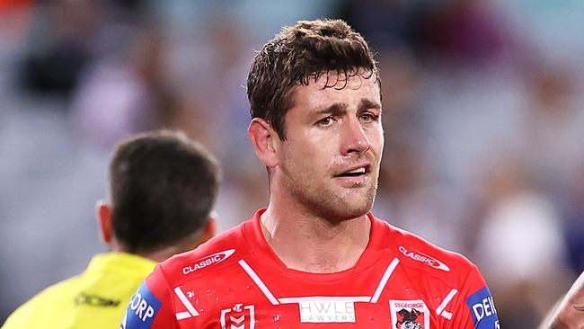 SYDNEY, AUSTRALIA - JUNE 14: Andrew McCullough of the Dragons shows his frustration during the round 14 NRL match between the Canterbury Bulldogs and the St George Illawarra Dragons at Stadium Australia, on June 14, 2021, in Sydney, Australia. (Photo by Mark Kolbe/Getty Images)