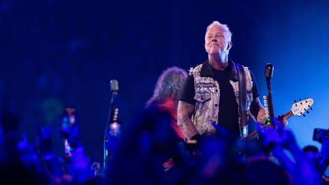 Hetfield up close with the Metallica fans lucky enough to buy tickets to the Snake Pit. Picture: Mat Hayward/Getty Images.