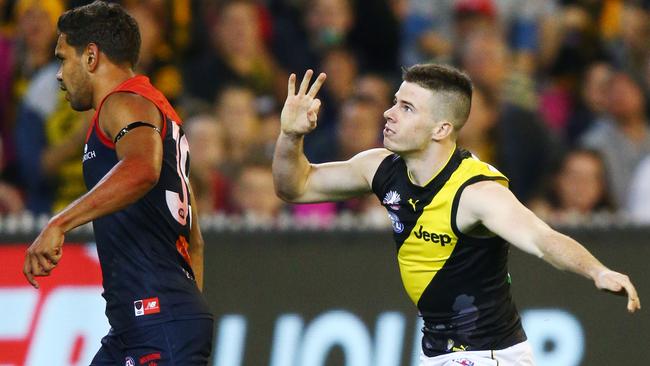 Jack Higgins celebrates a goal against the Demons. Pic: Getty Images