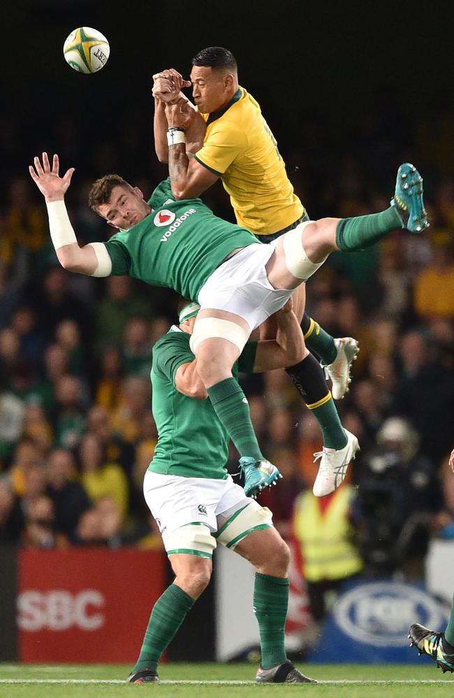 Israel Folau copped a controversial one-match ban for this challenge. Picture: AFP