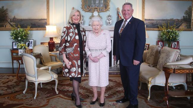 The Honourable Vicki O'Halloran and her husband met Queen Elizabeth II in her private quarters at Buckingham Palace in February of 2019. Photo: Yui Mok/WPA Pool/Getty Images