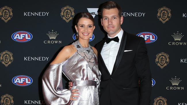 Shaun Higgins and wife Heidi on the Brownlow Medal red carpet at Crown Casino in 2019. Picture: Mark Stewart.