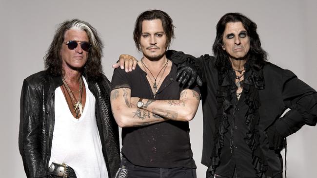 Hollywood Vampires featuring Joe Perry (Aerosmith), Johnny Depp and Alice Cooper. Picture: Ross Halfin.