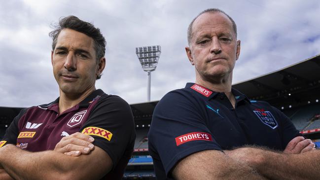 MELBOURNE, AUSTRALIA - APRIL 16: QLD Maroons head coach Billy Slater and NSW Blues head coach Michael Maguire pose for a photograph during the 2024 State of Origin Series Launch at Melbourne Cricket Ground on April 16, 2024 in Melbourne, Australia. (Photo by Daniel Pockett/Getty Images)