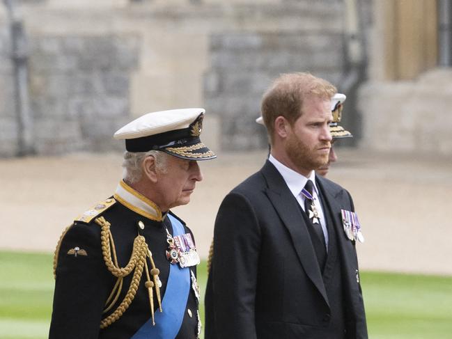 King Charles III with Prince Harry on the day of the Queen’s funeral. Picture: AFP