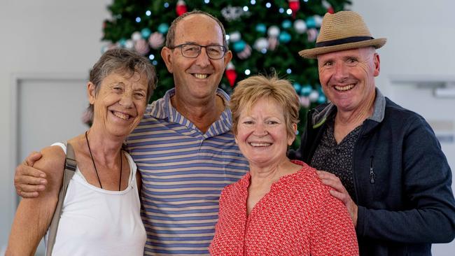 The first flights direct from Melbourne in months have touched down in Darwin after restrictions on quarantine were relaxed at midday. Longtime friends catch up for the first time in 2020. Sue Moffitt, Ken Moffitt, Helen Bugno and Vin Bugno. Picture: Che Chorley