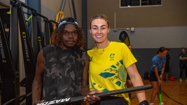 Reece Crowson and Mariah Williams as Olympians and scholarship coaches run training sessions for Katherine youth at RAAF Base Tindal. Picture: Pema Tamang Pakhrin