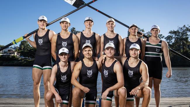 Brisbane Boys College First 8 Rowing team who are in England after being invited to the Henley Regatta. (Front) Beau Palmer, David Granzin, Tom Stevens, Xavier Rubens. (Back) Daniel Cashman, Joe Thynne, Mitch Owen, Matt Cashman, Liam Crook and Conrad Scott. Picture Lachie Millard