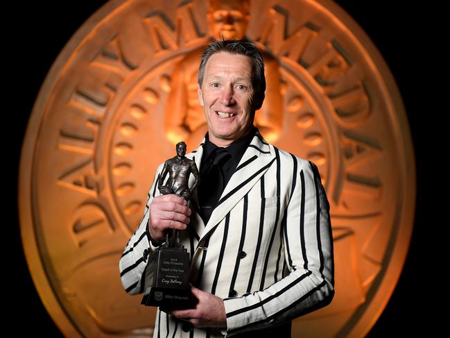 Melbourne Storm coach Craig Bellamy poses for a photograph after winning the Coach of the Year award during the 2019 Dally M Awards at the Hordern Pavilion in Sydney, Wednesday, October 2, 2019. (AAP Image/Dan Himbrechts) NO ARCHIVING