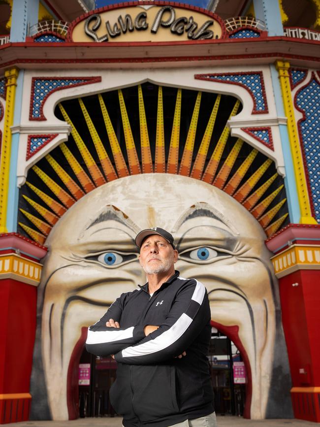 Brian Amatruda pictured outside Luna Park, St Kilda, where he sold his Dazzeland train. Picture: Mark Stewart