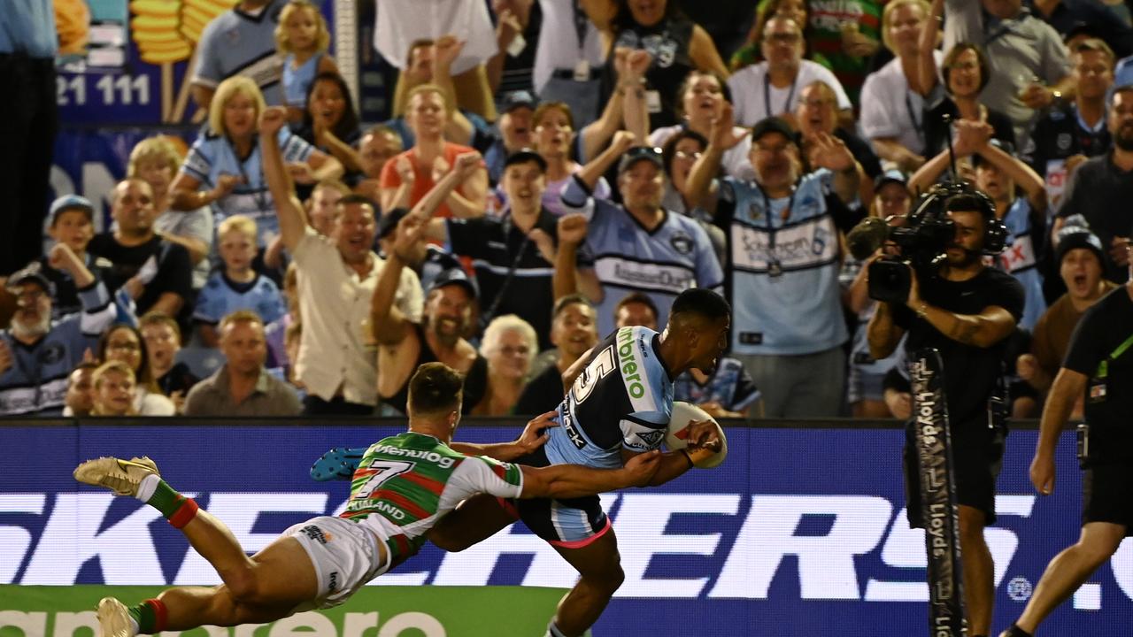 Lachlan Ilias produced an incredible try-saving tackle, knocking the ball out of the hands of Ronaldo Mulitalo. Picture: NRL Photos.