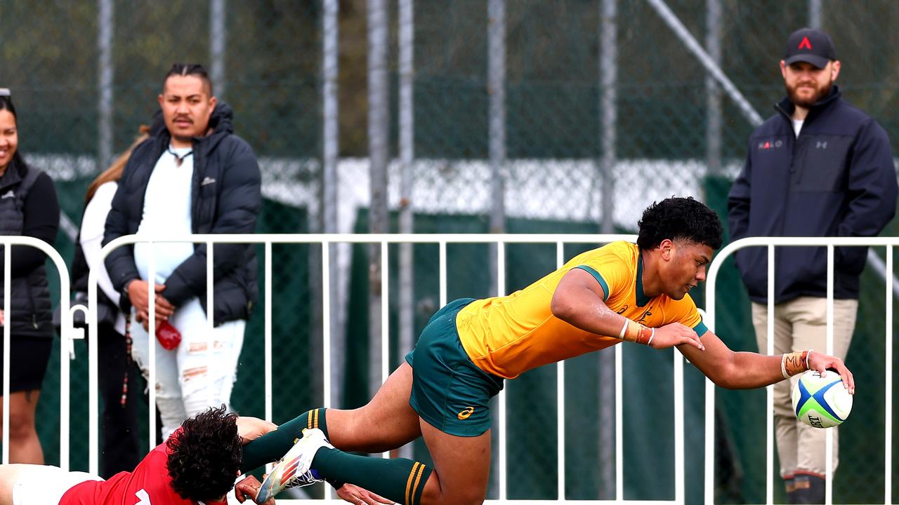 HAMILTON, NEW ZEALAND - OCTOBER 02: Heamasi Makasini of Australia U18 scores a try during the match between Australia U8s and New Zealand Barbarians at St Paul's Collegiate School, on October 02, 2024 in Hamilton, New Zealand. (Photo by Phil Walter/Getty Images for Rugby Australia)