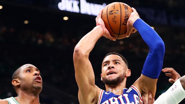 Ben Simmons shoots the ball on the opening night for the 76ers. Picture: Getty Images