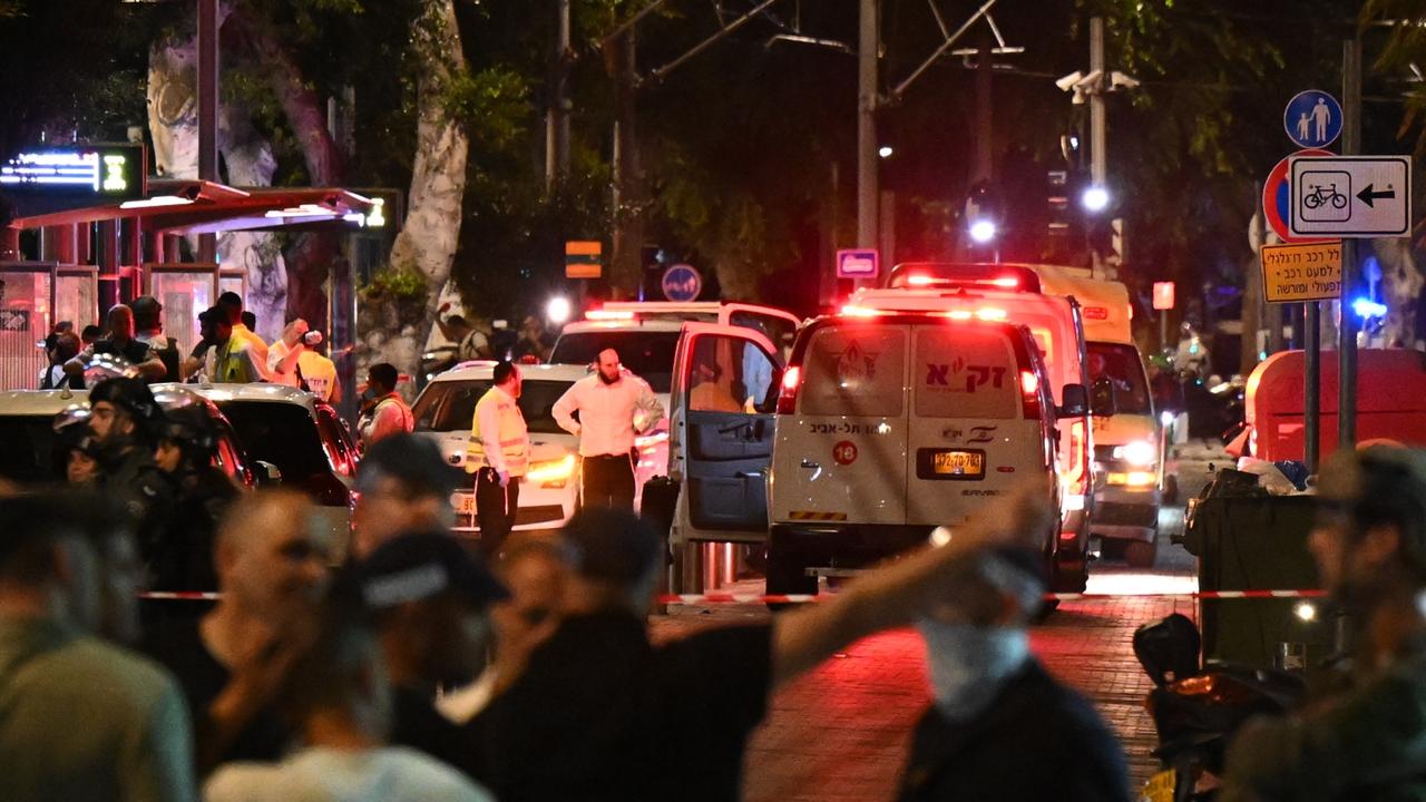 Emergency services are seen near the site of a shooting by gunmen at a light rail station on October 1, 2024 in Tel Aviv, Israel. (Photo by Leon Neal/Getty Images)