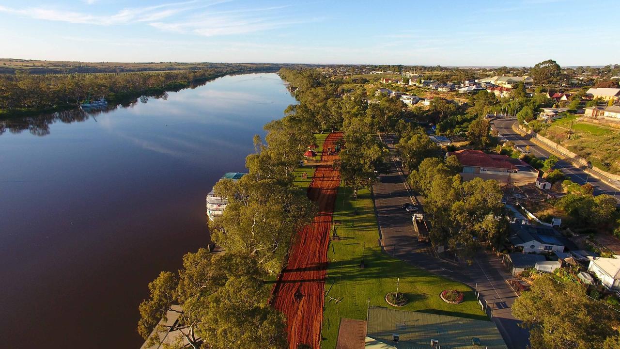 Drone images of the levee being built on the banks of the Murray at Mannum. Picture: Dave Hartley/Mannum Motel/River Shack Rentals