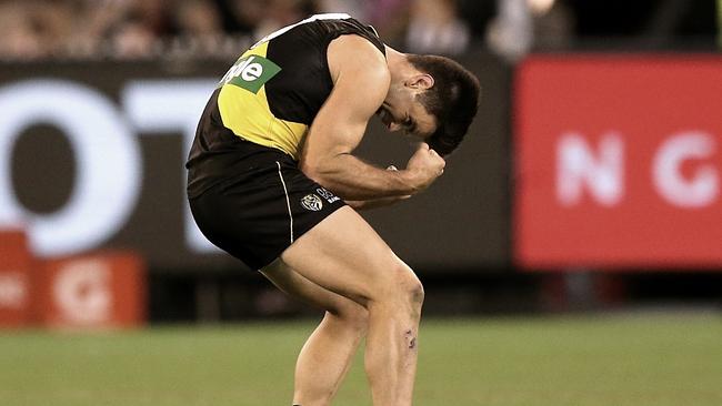 Trent Cotchin celebrates on the final siren. Picture: Wayne Ludbey