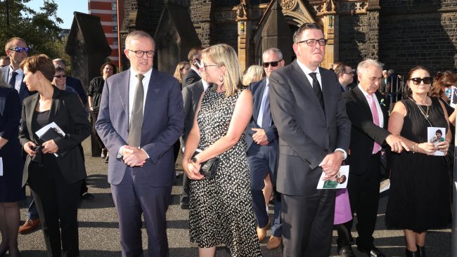 Federal Opposition Leader Anthony Albanese (Left), Victoria Transport Minister Jacinta Allan and Victoria Premier Daniel Andrews following Kimberley Kitching's funeral service in Melbourne. Picture: NCA