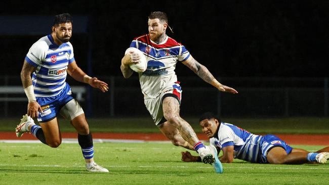 Ivanhoe's Josh Dugan escapes a tackle in the 2023 FNQRL preliminary final match between the Cairns Brothers and Ivanhoe Knights, held at Barlow Park. Picture: Brendan Radke